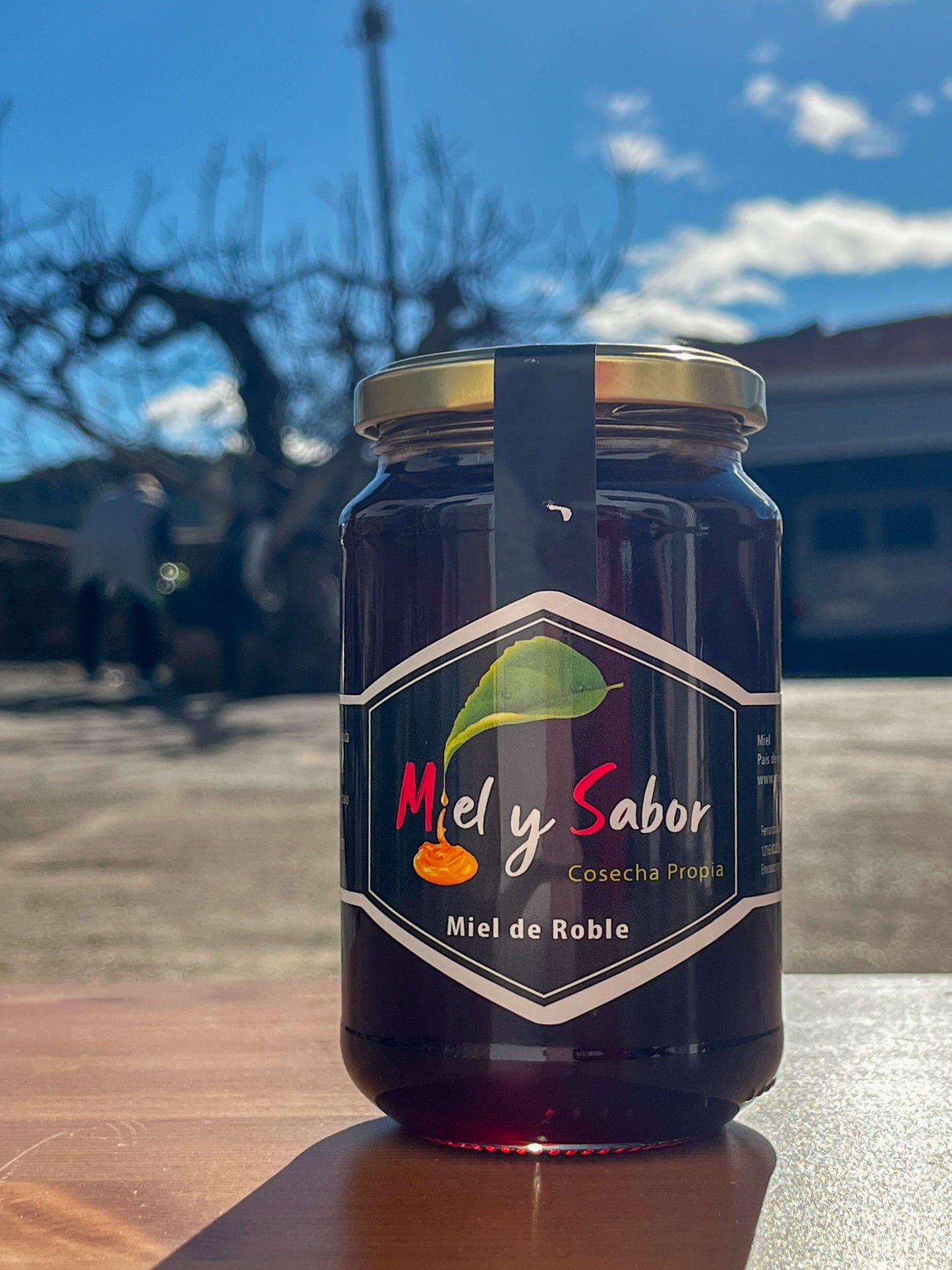 Tarro de miel de roble Miel y Sabor en un entorno natural