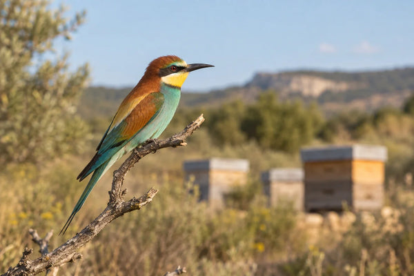 Abejaruco de plumaje multicolor posado en una rama junto a un colmenar mediterráneo