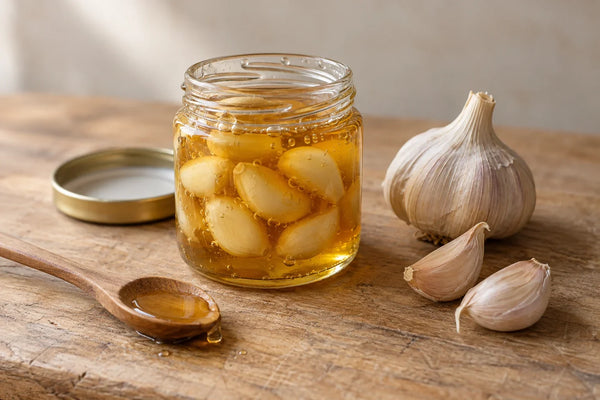Tarro pequeño de cristal con dientes de ajo sumergidos en miel, con burbujas de fermentación