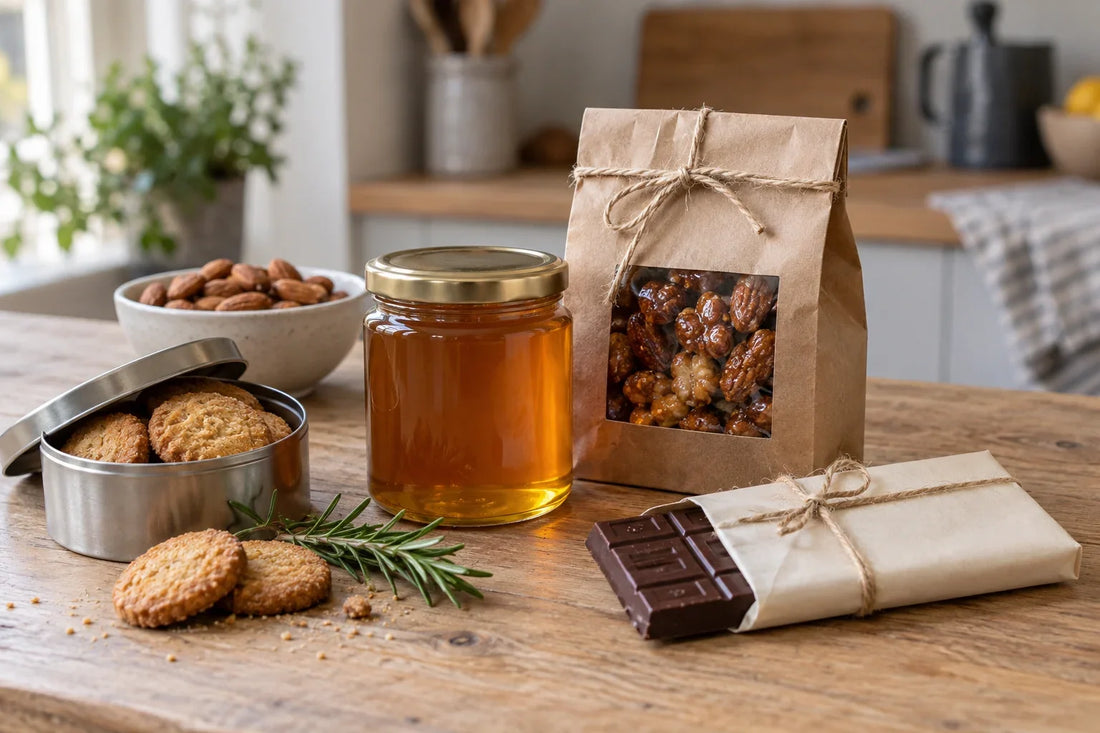 Tarro de miel, una bolsita de papel kraft con frutos secos caramelizados, una lata de galletas y una tableta de chocolate sobre una mesa de madera clara