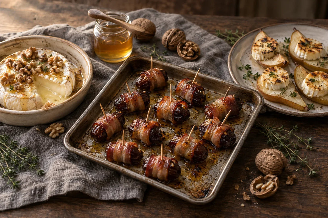 Aperitivos de Navidad con miel: dátiles con bacon, brie al horno con nueces y rodajas de pera con queso de cabra