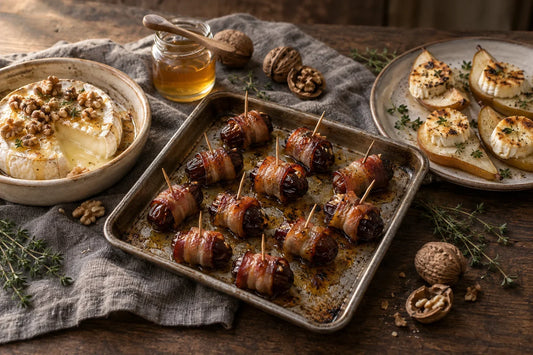 Aperitivos de Navidad con miel: dátiles con bacon, brie al horno con nueces y rodajas de pera con queso de cabra