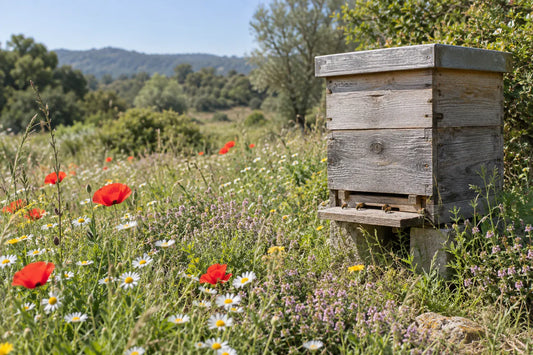 Colmena de madera junto a un prado con flores silvestres variadas y vegetación diversa