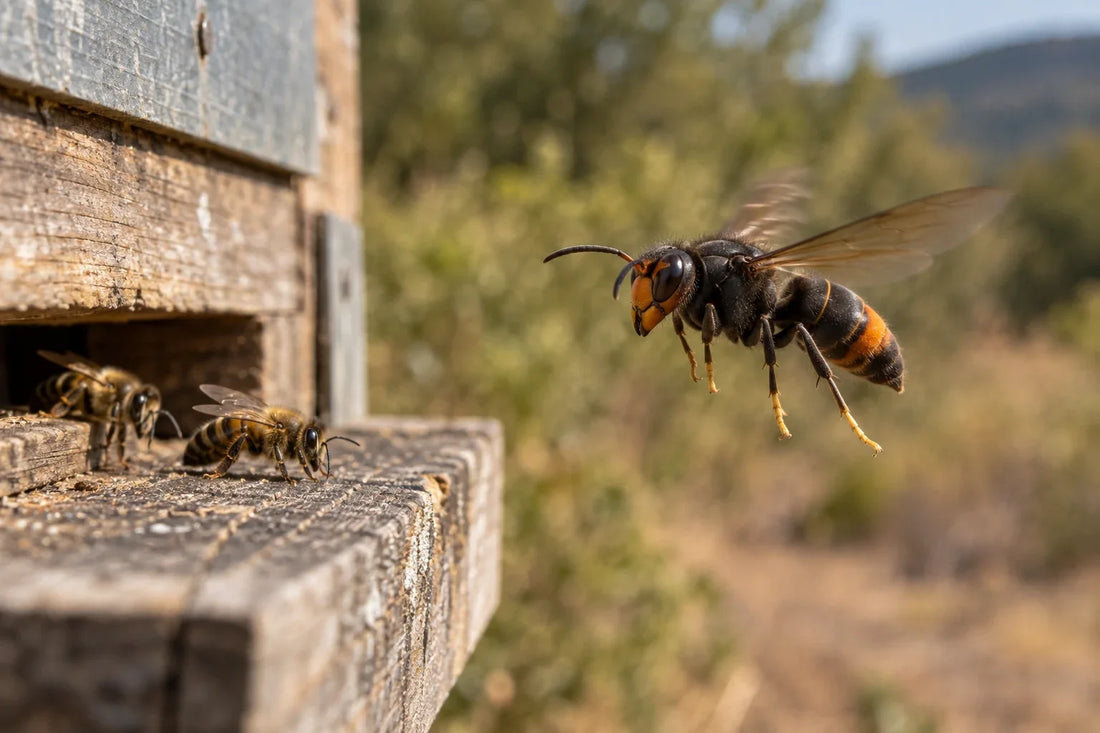 Avispa asiática en vuelo junto a una piquera de colmena, con cabeza negra, cara naranja y abdomen con una banda naranja