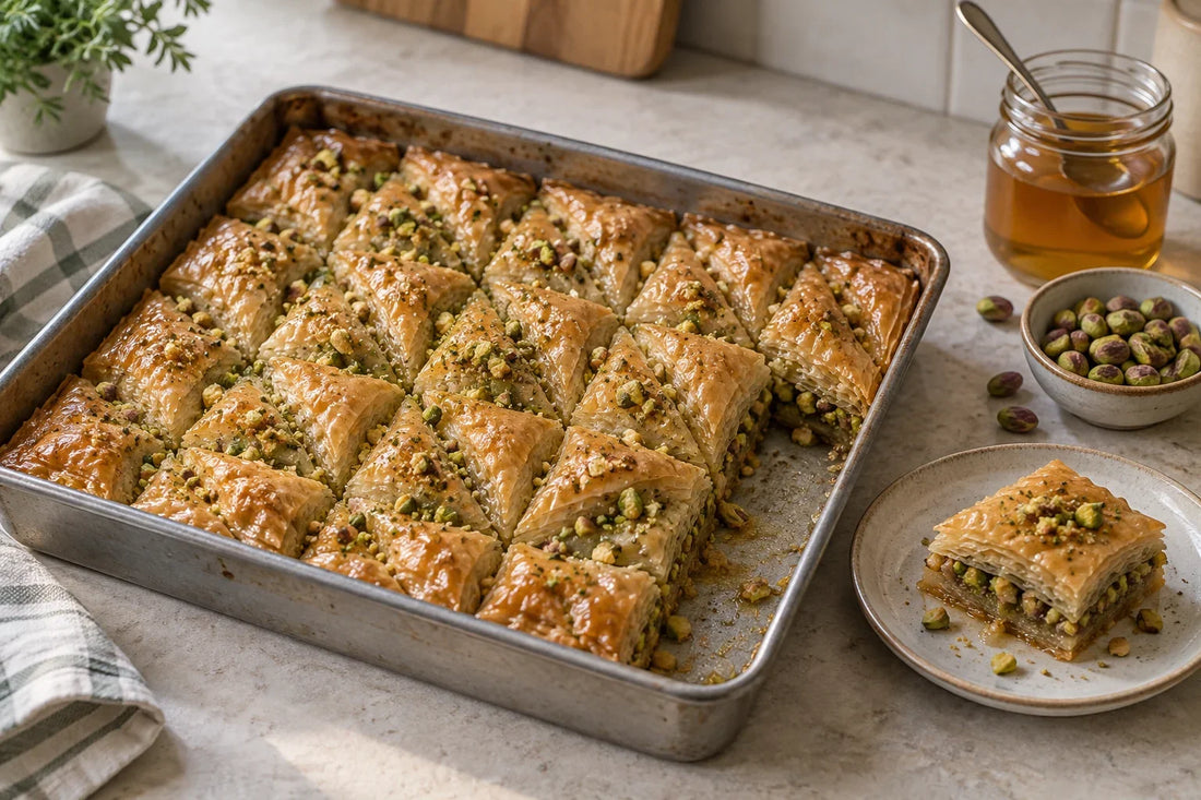 Bandeja de baklava cortada en rombos, con pistachos picados visibles entre las capas de pasta filo