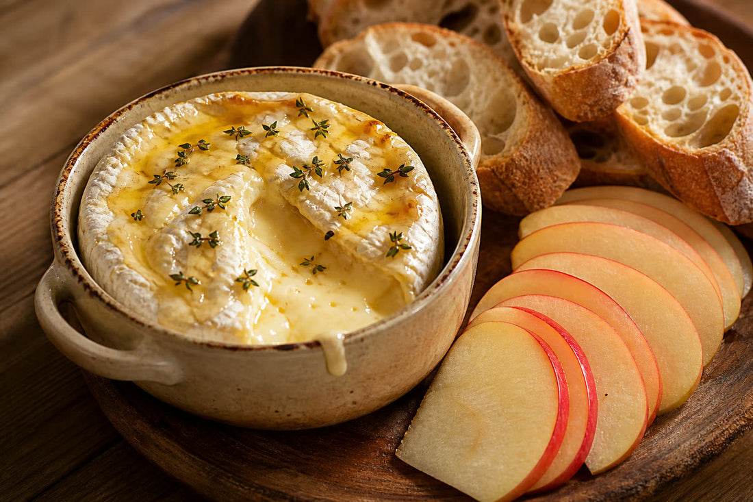 Camembert al horno abierto con miel de tomillo y pan