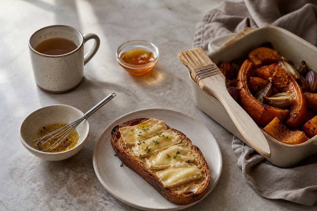 Miel utilizada en una vinagreta, queso, tostada y preparación de cocina
