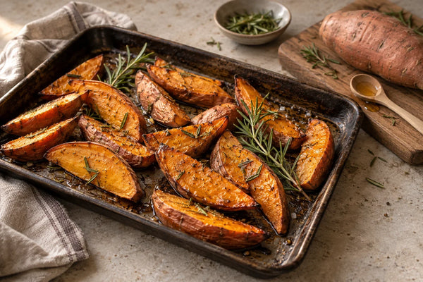 Gajos de boniato asado con glaseado de miel y romero fresco, en una bandeja de horno