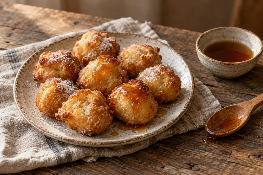 Buñuelos de viento recién fritos en un plato, bañados con un hilo de miel y azúcar.
