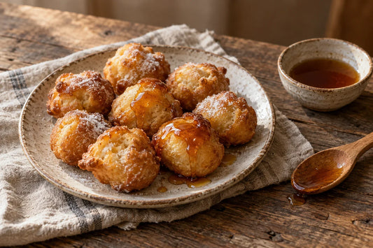 Buñuelos de viento recién fritos en un plato, bañados con un hilo de miel y azúcar.