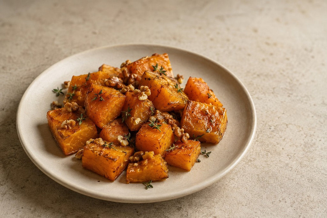 Calabaza asada con miel, especias y nueces tostadas en un plato de cerámica