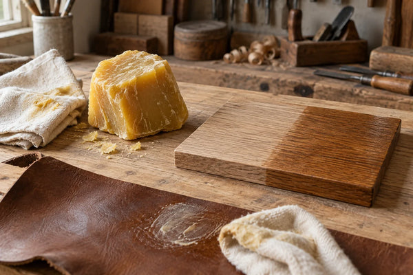 Bloque de cera de abeja natural junto a un paño y una tabla de madera a medio encerar