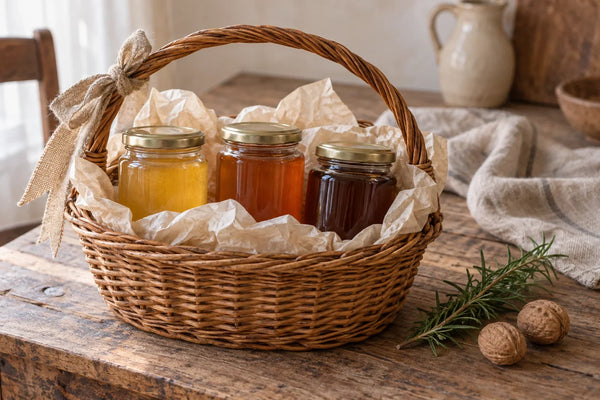 Cesta de Navidad casera con tarros de miel, envuelta con tela y un lazo sencillo.