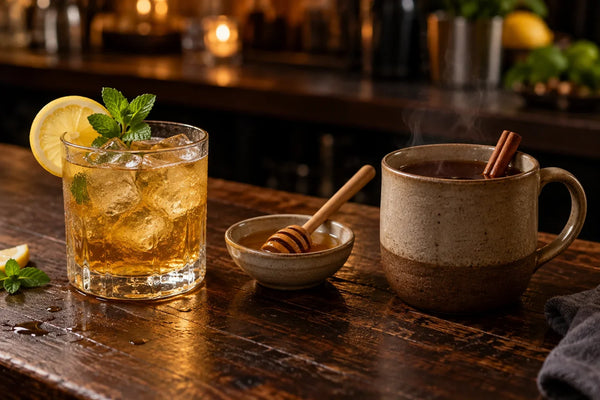 Dos copas de bebidas con miel, una con hielo y limón y otra caliente con canela