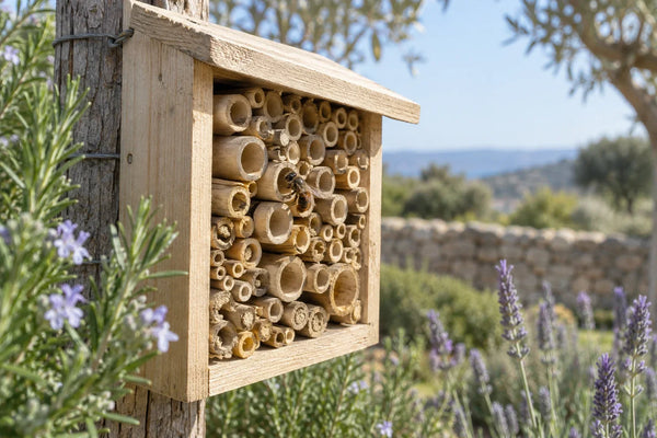 Hotel de madera para abejas solitarias con tubos de caña de distintos diámetros en un jardín