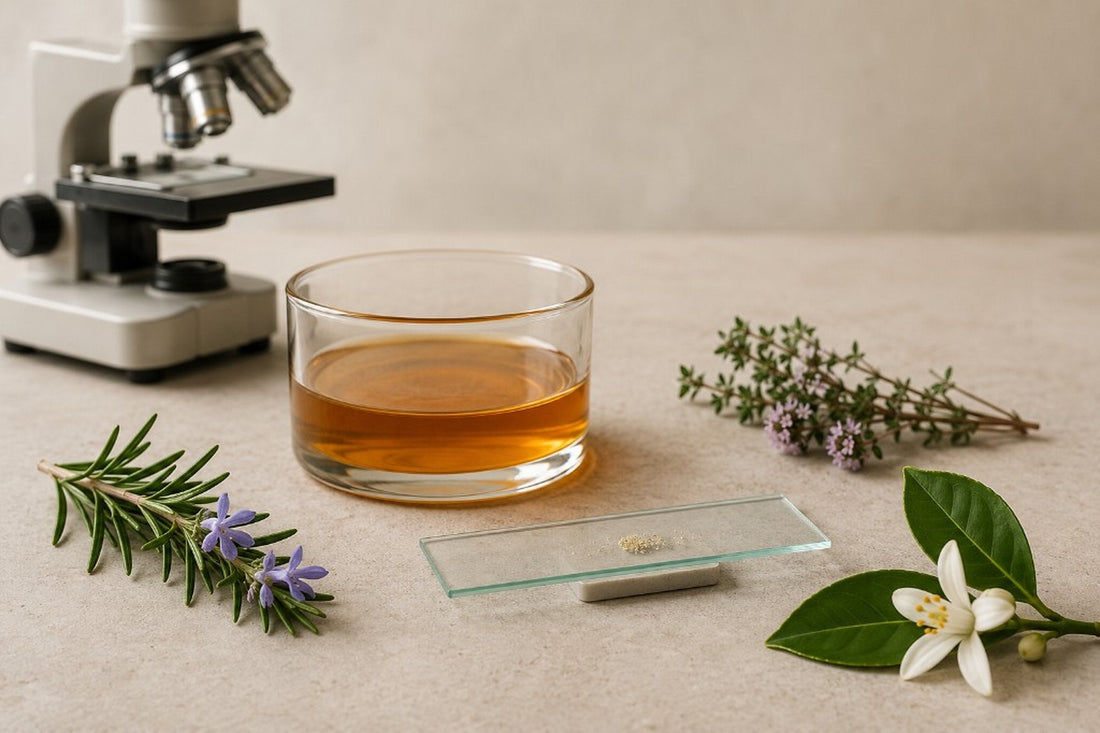 Muestra genérica de miel junto a una lámina microscópica, un microscopio y ramas de romero, tomillo y azahar