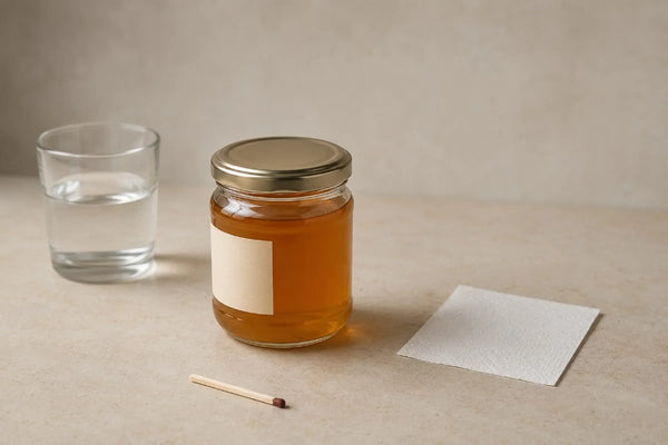 Tarro genérico de miel junto a un vaso de agua, papel absorbente y una cerilla apagada que representan pruebas caseras no concluyentes