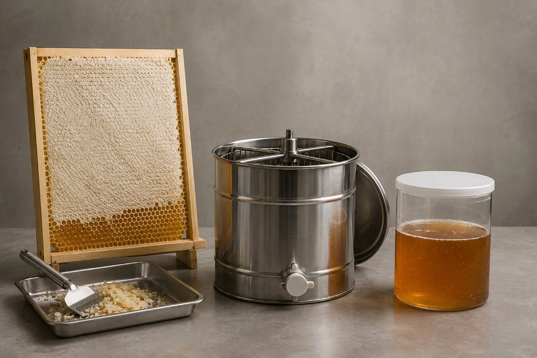 Bodegón editorial con un cuadro de miel, una herramienta de desoperculado, un extractor genérico y un recipiente de reposo.