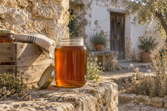 Tarro de miel ámbar sin etiqueta sobre un muro de piedra en el patio de una masía