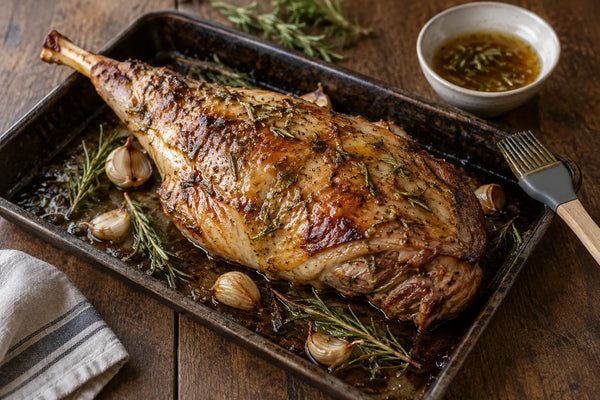 Paletilla de cordero al horno con glaseado de miel y romero, recién horneada
