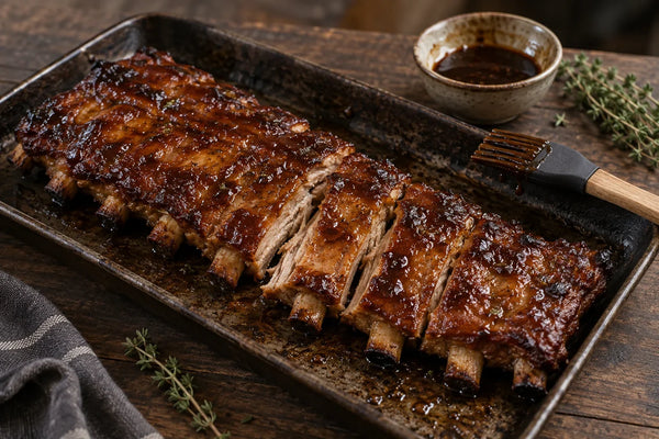 Costillas de cerdo al horno con glaseado brillante de miel, recién sacadas del horno
