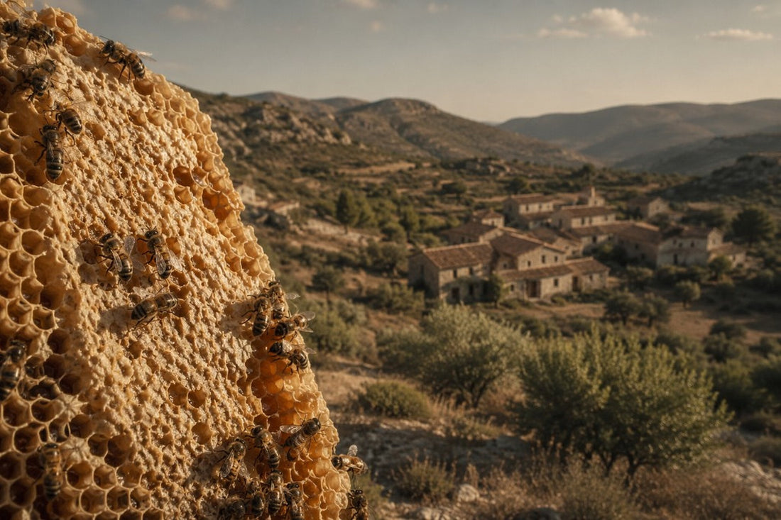 Abejas melíferas sobre un panal con una aldea rural mediterránea desenfocada al fondo, representación editorial de la metáfora de Eixam
