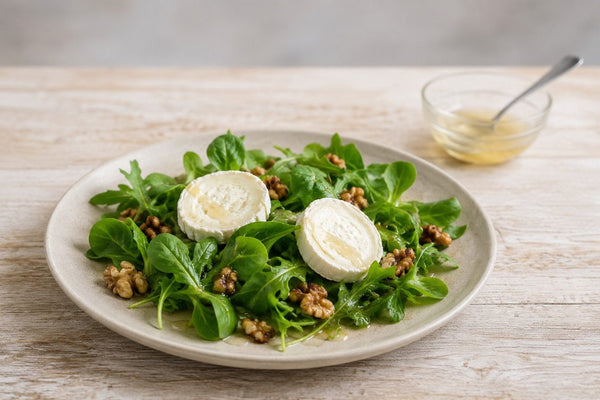 Ensalada de queso de cabra y miel con hojas verdes y nueces tostadas
