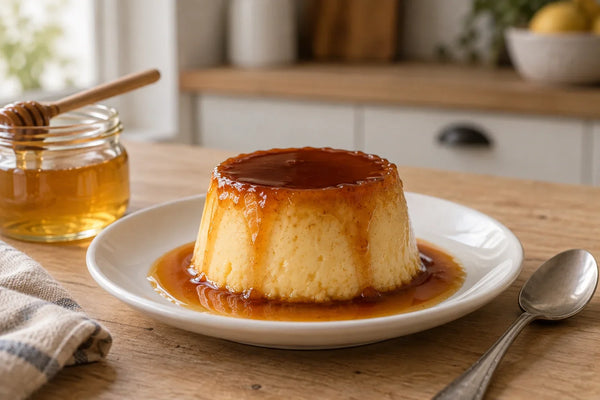 Flan de miel individual desmoldado con el caramelo cayendo por los lados, sobre un plato