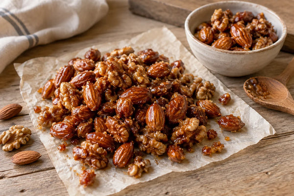 Almendras y nueces caramelizadas con miel, sueltas sobre papel de horno.