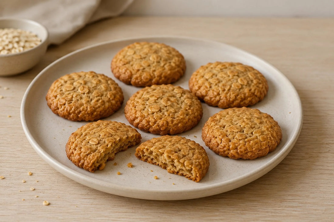 Seis galletas de avena y miel con bordes dorados y una partida para mostrar el centro tierno