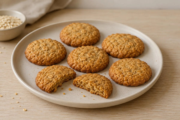 Seis galletas de avena y miel con bordes dorados y una partida para mostrar el centro tierno