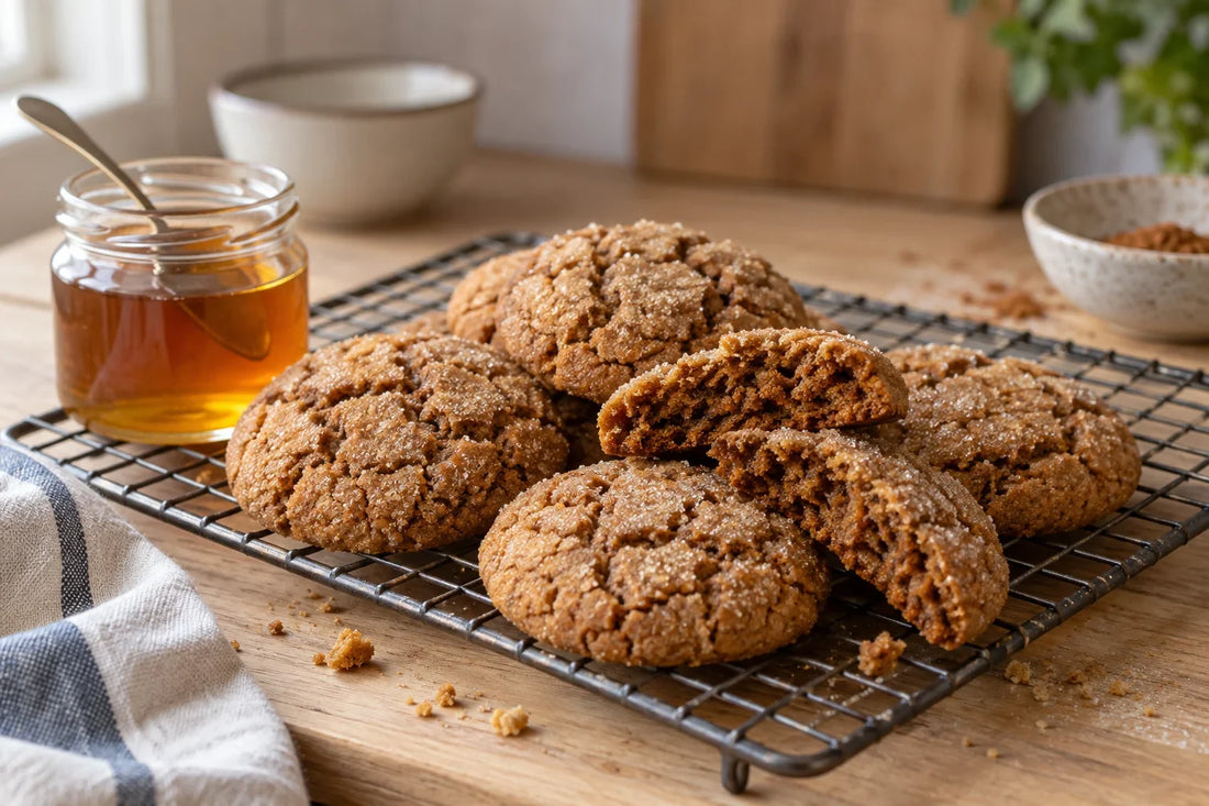 Galletas de miel blandas de superficie craquelada por el azúcar, apiladas sobre una rejilla