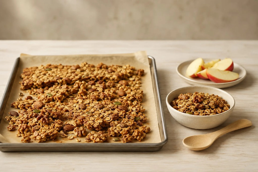 Granola casera con miel, avena, nueces y almendras en grumos sobre una bandeja y un cuenco