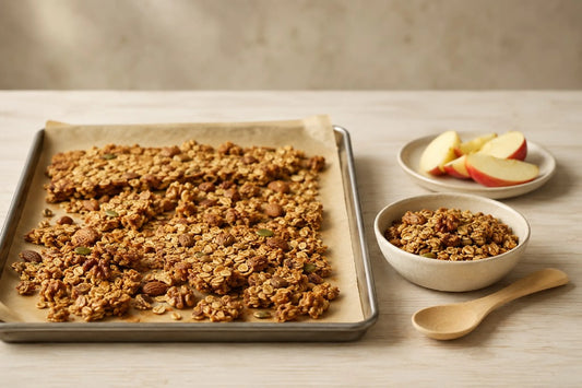 Granola casera con miel, avena, nueces y almendras en grumos sobre una bandeja y un cuenco