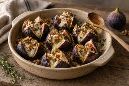 Higos abiertos al horno con queso de cabra fundido, miel y nueces troceadas por encima