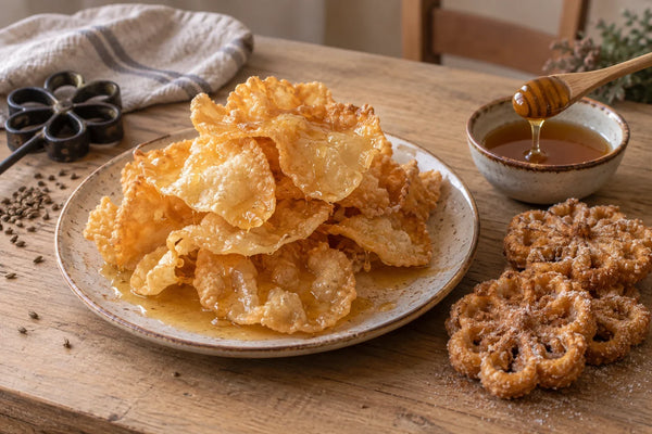 Plato de hojuelas finas y onduladas bañadas en miel, con tres flores de sartén rebozadas en azúcar y un molde de hierro al fondo.