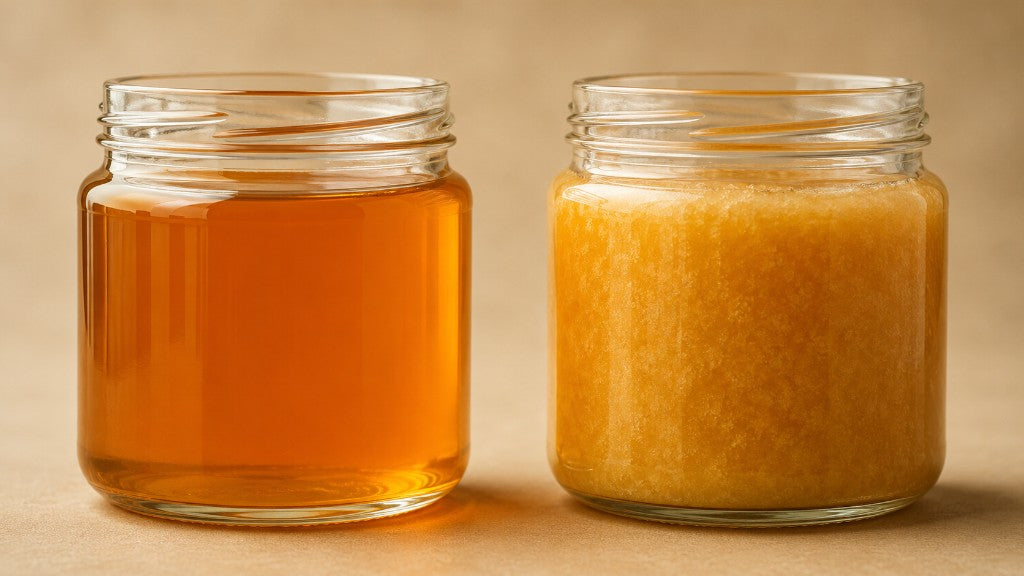 Ilustración comparativa de miel líquida y miel con textura cristalizada