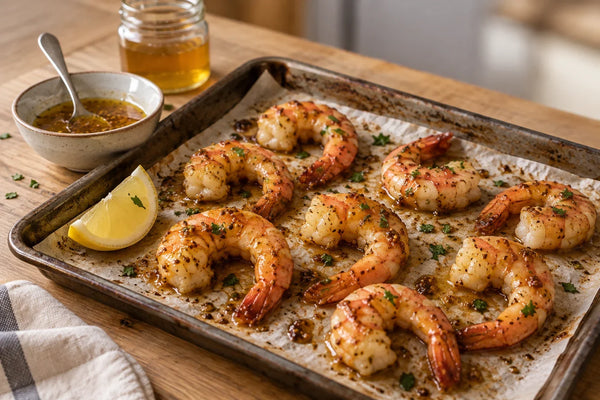 Langostinos pelados glaseados con miel y mostaza sobre una bandeja de horno, con perejil y un gajo de limón