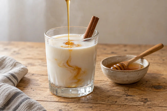 Vaso de leche caliente con un hilo de miel y una rama de canela sobre una mesa de madera