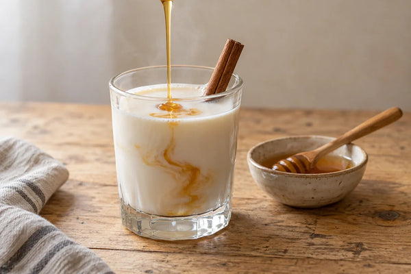 Vaso de leche caliente con un hilo de miel y una rama de canela sobre una mesa de madera