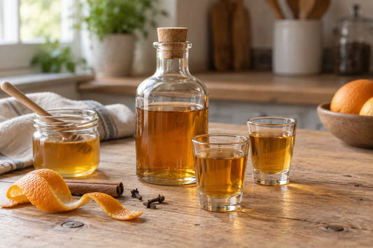 Botella pequeña de cristal sin etiqueta con licor de miel de color ámbar y dos vasitos llenos, junto a un tarro de miel, piel de naranja y canela.
