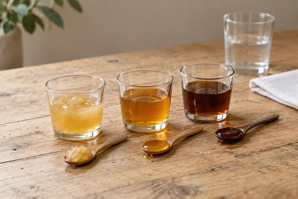 Tres vasitos con miel clara cristalizada, miel ámbar y miel oscura preparados para una cata