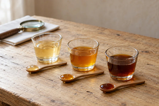 Tres vasitos de miel de distinto color con cucharillas de madera sobre una mesa clara, para comparar mieles por su aspecto