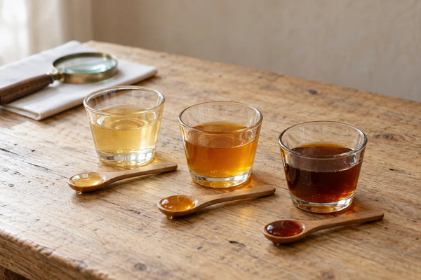 Tres vasitos de miel de distinto color con cucharillas de madera sobre una mesa clara, para comparar mieles por su aspecto