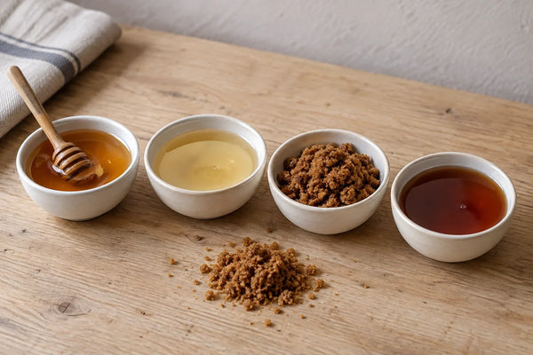 Cuatro endulzantes distintos en cuencos pequeños: miel, sirope de agave, panela y sirope de arce