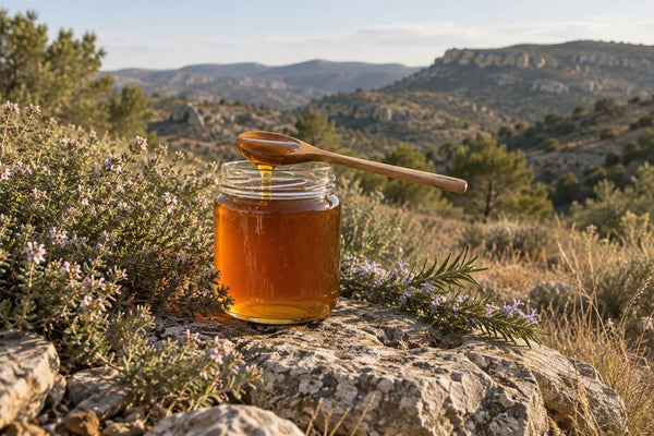 Tarro de miel de tomillo ámbar sobre piedra, junto a matorral de tomillo y romero con sierras turolenses desenfocadas