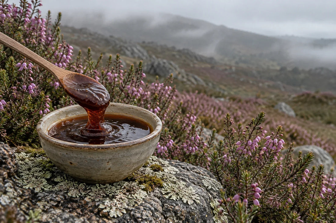 Cuenco de miel de brezo oscura y espesa sobre una roca con brezo en flor en el monte