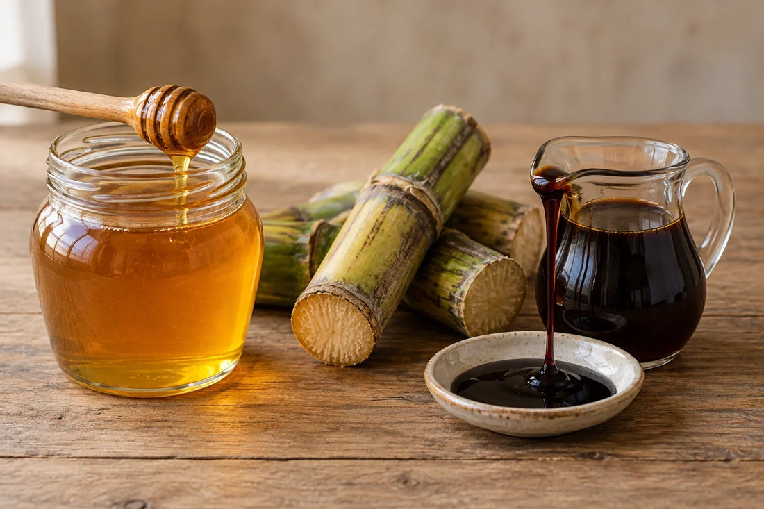 Tarro de miel de abeja junto a un jarro con jarabe de caña oscuro sobre una mesa de madera
