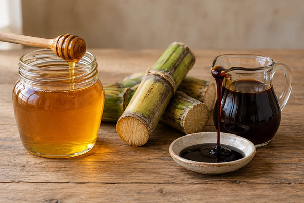 Tarro de miel de abeja junto a un jarro con jarabe de caña oscuro sobre una mesa de madera