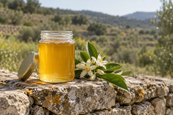 Tarro de miel de azahar dorada con una rama de azahar sobre un muro de piedra seca